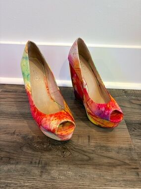 ALDO Multicolor Watercolor Peep-Toe Wedges